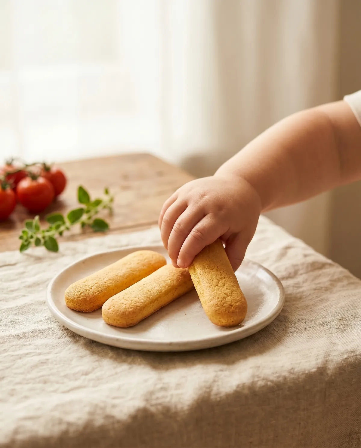 Main de bébé qui attrape un boudoir doré
