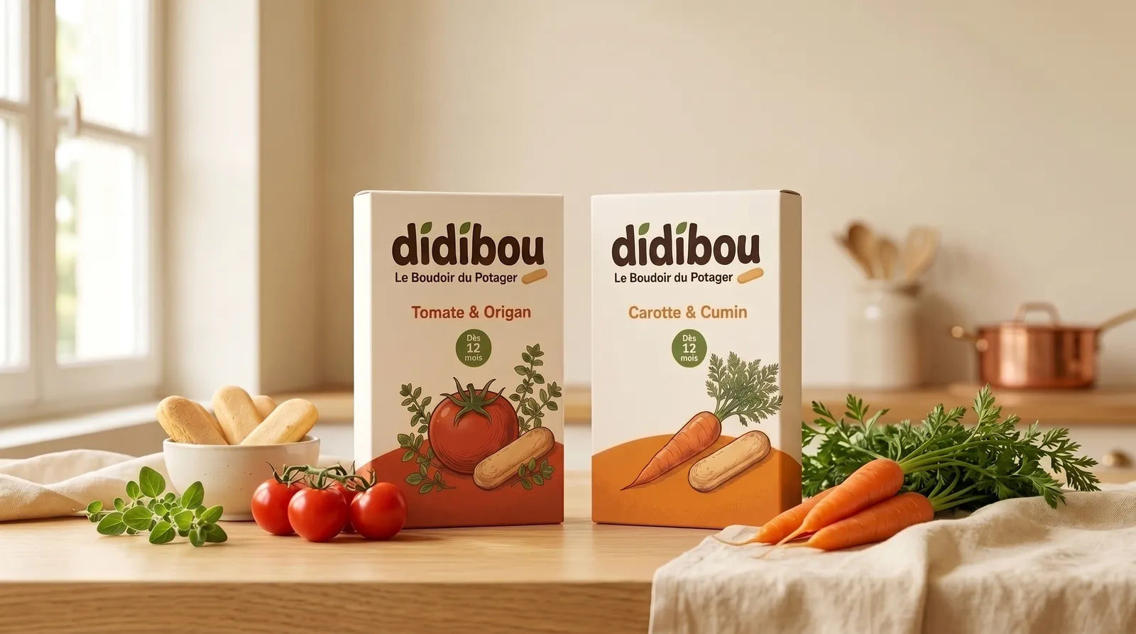 Les deux boîtes Didibou sur un plan de travail avec des légumes frais